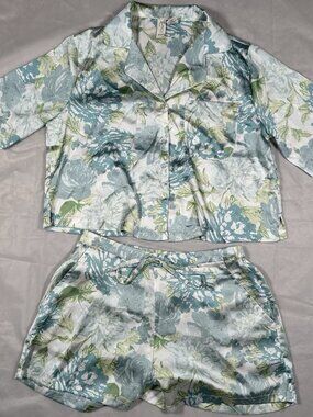EUC Joie Pajamas Womens Small Set Blue Green Floral Top Shorts Cute Summer Satin